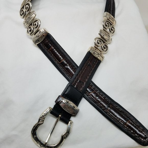 Brighton belt 34 inlaid silver leather chocolate - Picture 1 of 7